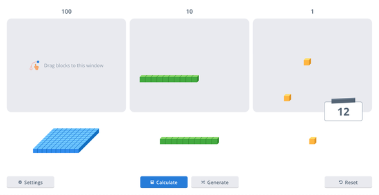 Base ten blocks displayed on an interactive whiteboard