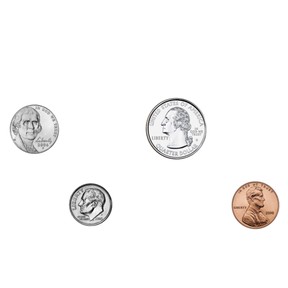 Identify coins: Penny, nickel, dime, quarter