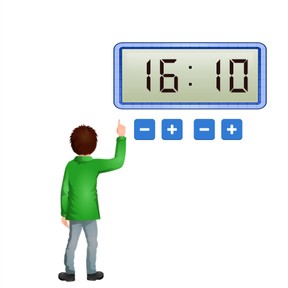 Tijd aangeven op digitale klok met 10 en 5 minuten in hoge tijden