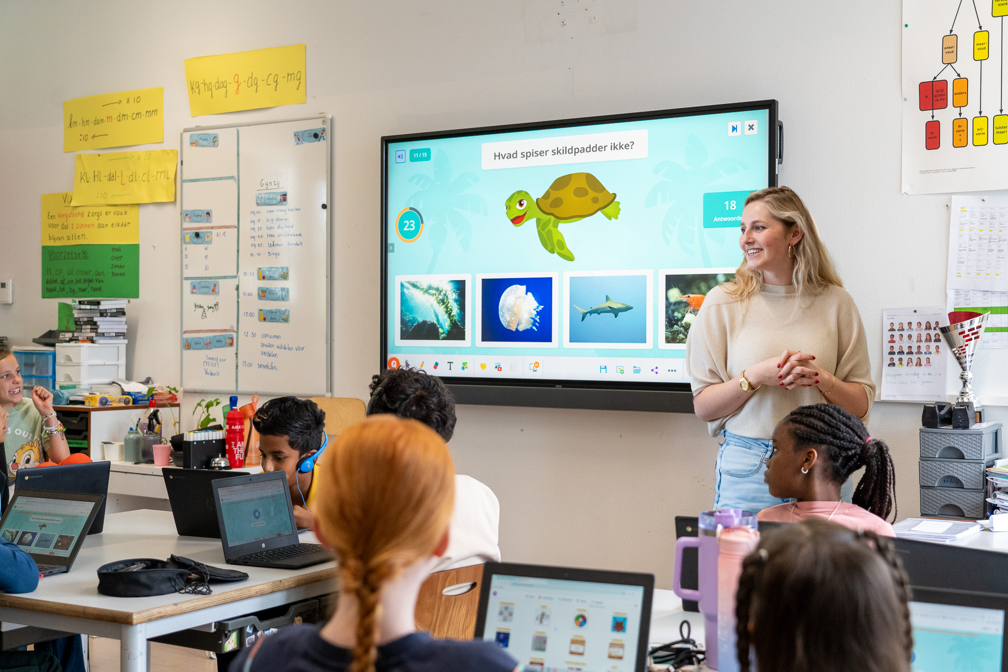teacher standing in front of the class with classroom quiz