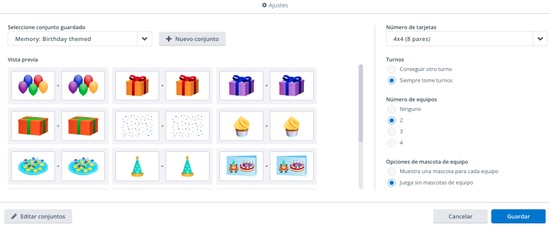Juego de memoria: Temática de cumpleaños